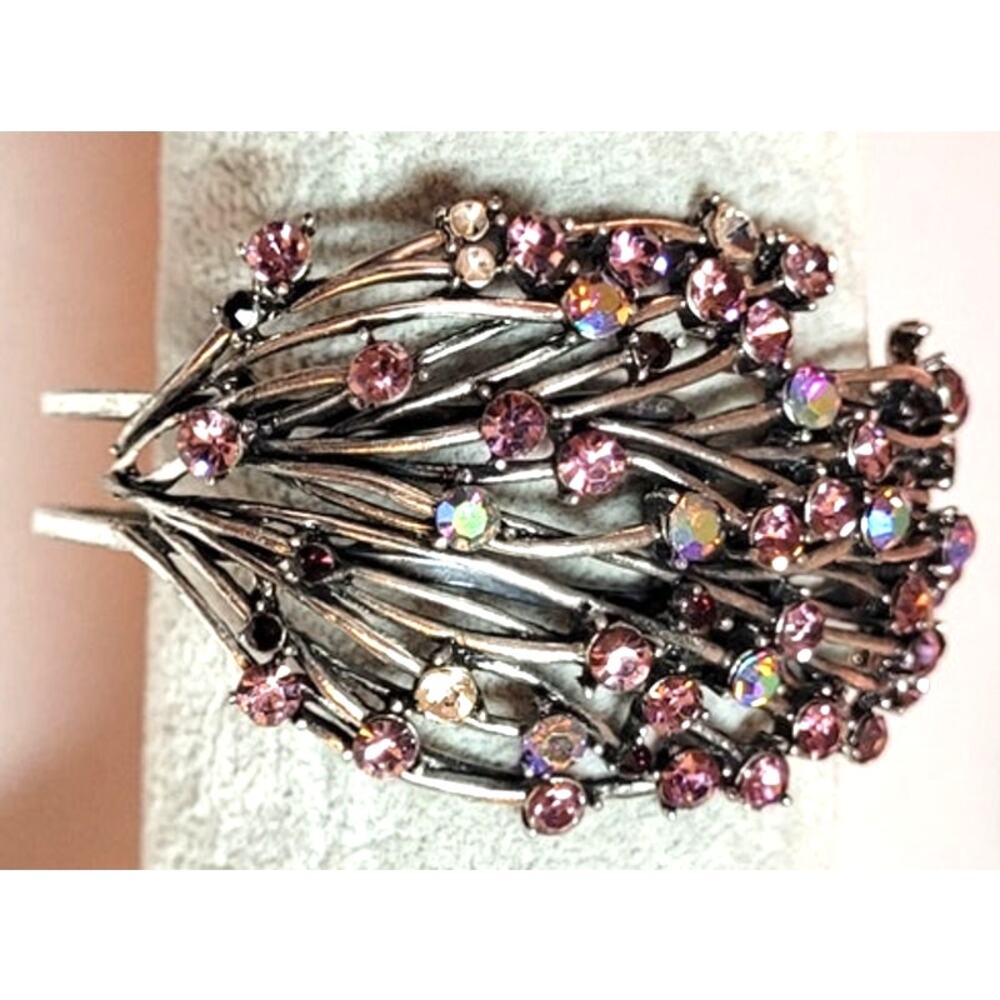 Rhinestone Clamper Bracelet Purple Pink AB Silvertone Metal Boho Fairy Cottage - Picture 8 of 12